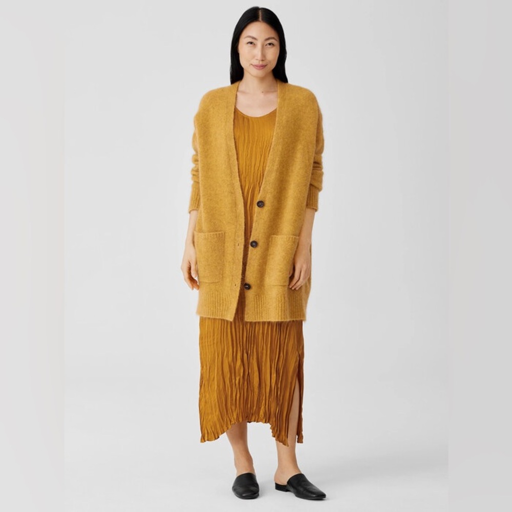 Eileen Fisher V-neck Cardi Burnished Gold Mohair Plush Melange Cardigan XXXL